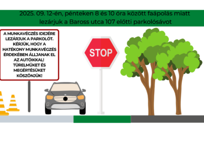 Faápolási munkák miatti lezárják a parkolót a Baross utca 107. előtt