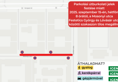 Parkolási útburkolati jelek festése miatt megállási tilalom a Mosonyi utcában